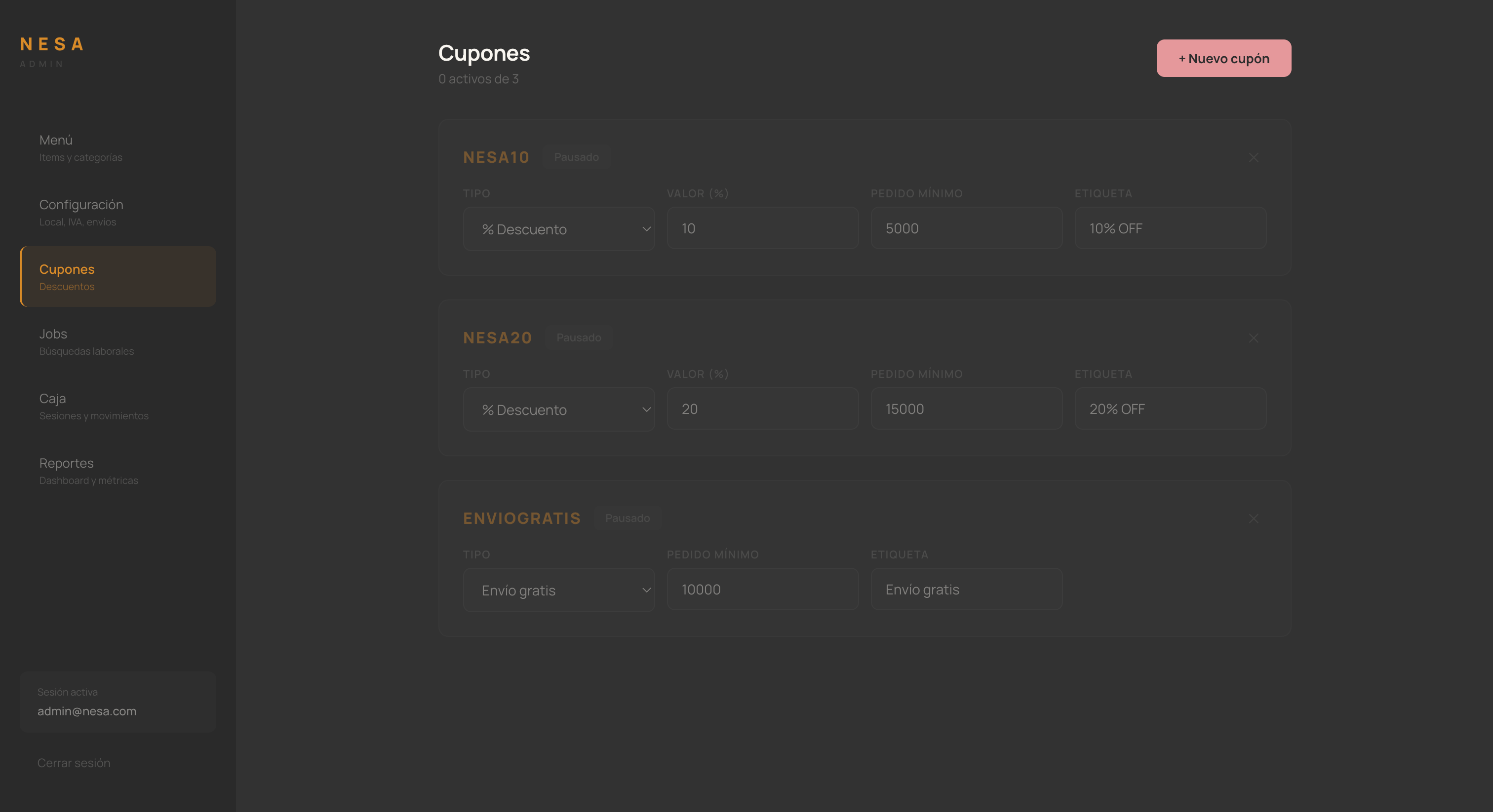 Gestión de cupones